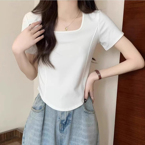 Ins Pure Desire Summer Square Collar Bone Short Sleeve T-Shirt for Women, Fitted Hooded Slimming Casual Base Top for Trendy Women