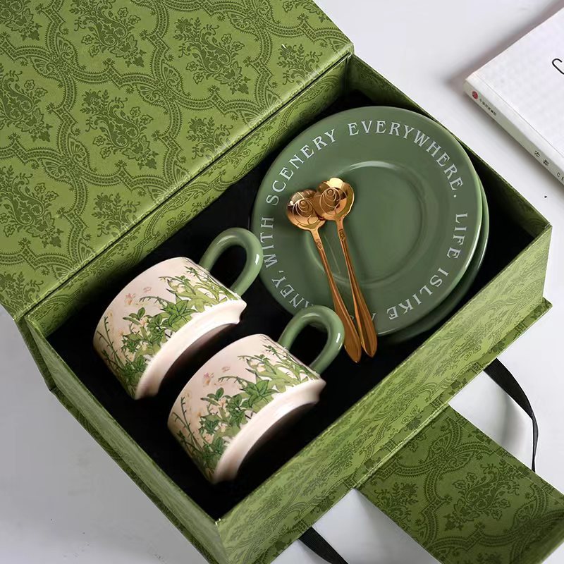 Taza y platillo de cerámica americana retro pintura al óleo de estilo antiguo verde lirio de los valles taza de café platillo Taza de té de la tarde estilo Hepburn