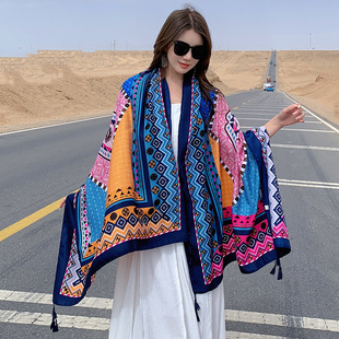 Retro Travel Fashion All-match Shawl Sun Protection Comfortable Breathable Large Cloak Scarf Ethnic Style Photo Tassel Cape