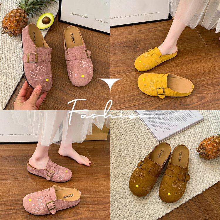 Kitty Cute Wide Version Birkenstock Slippers for Women to Wear Outside 2025 New Thick-Soled Lazy Slip-On Toe Half Slippers