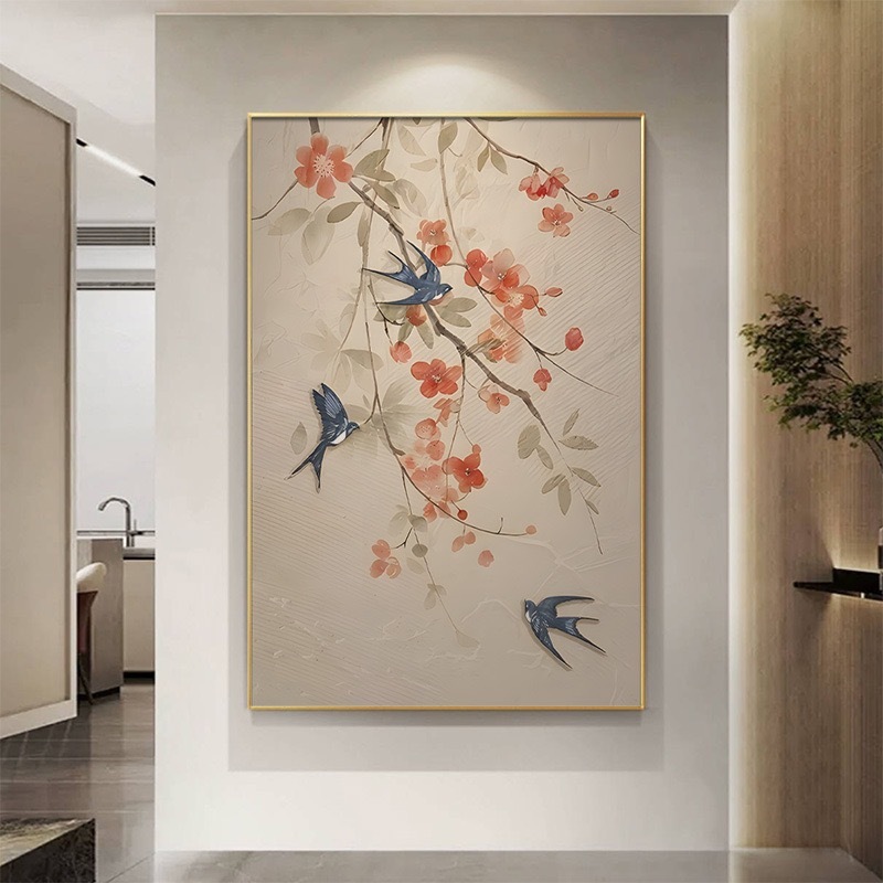 新中式入户玄关装饰画喜上眉梢中古风挂画过道走廊壁画油画|undefined