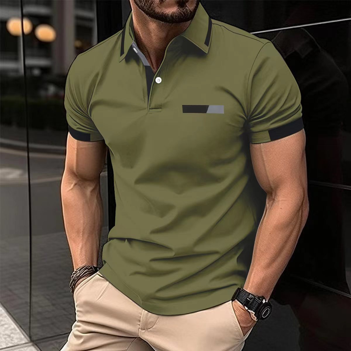 Amazon nuevo transfronterizo de los hombres de la camisa de polo ocasional pecho falso bolsillo solapa botón de negocios camiseta superior de los hombres