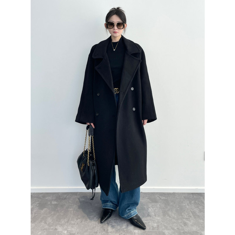 Nanyu 2600+ Loose Fit Double-Breasted Wool Blend Coat Black Long Woolen Outwear for Women Winter