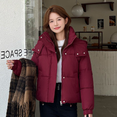 パン服の女性の短い韓国版の小さい子のファッション的な洋風の純色の帽子・裾のひもの保温の綿服のコート