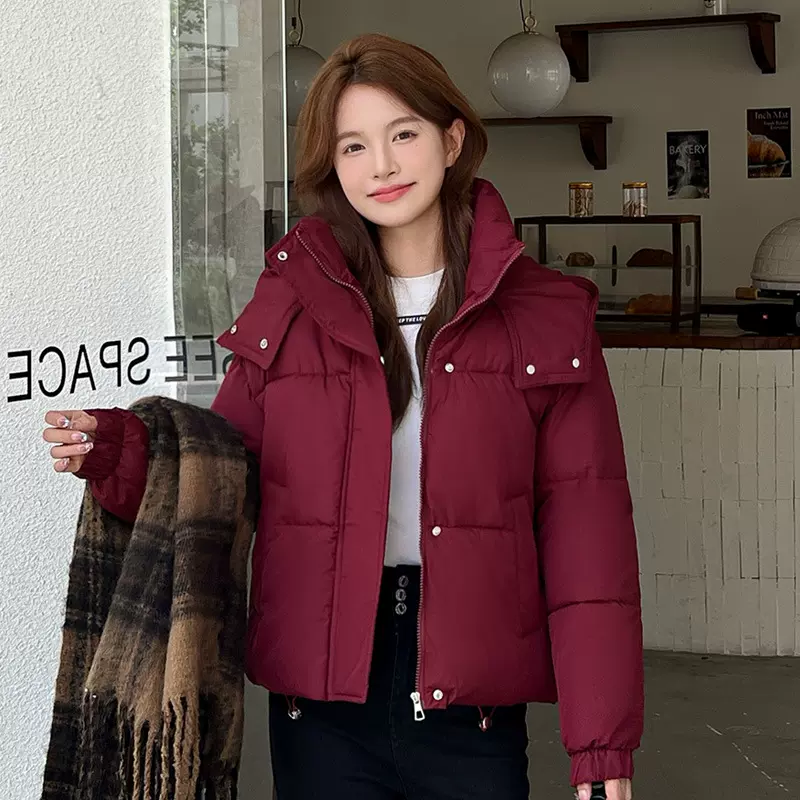 面包服女短款韩版小个子时尚洋气纯色连帽·下摆抽绳保暖棉服外套