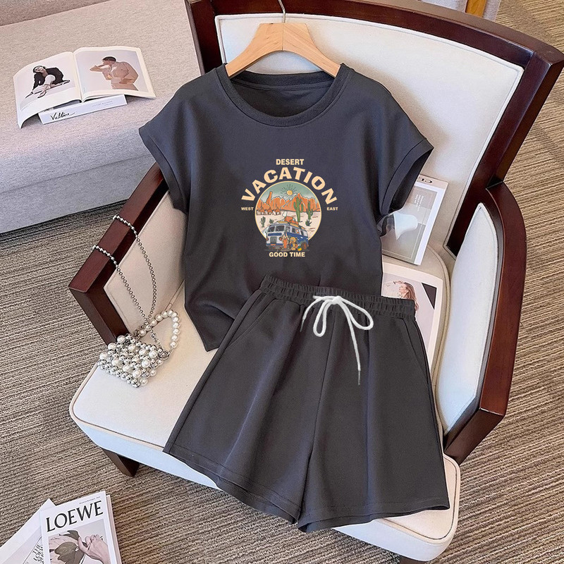 Summer casual sports short-sleeve suit for women, Korean style new design, slimming and versatile, wide-leg shorts two-piece home wear Summer casual sports short-sleeve suit for women, Korean style new design, slimming and versatile, wide-leg shorts two-piece home wear