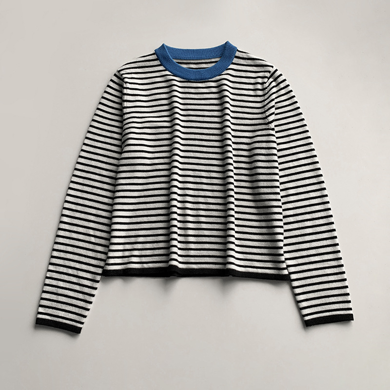 清爽撞色条纹薄款羊毛混纺针织衫 柔软弹力直筒针织毛衣打底女款