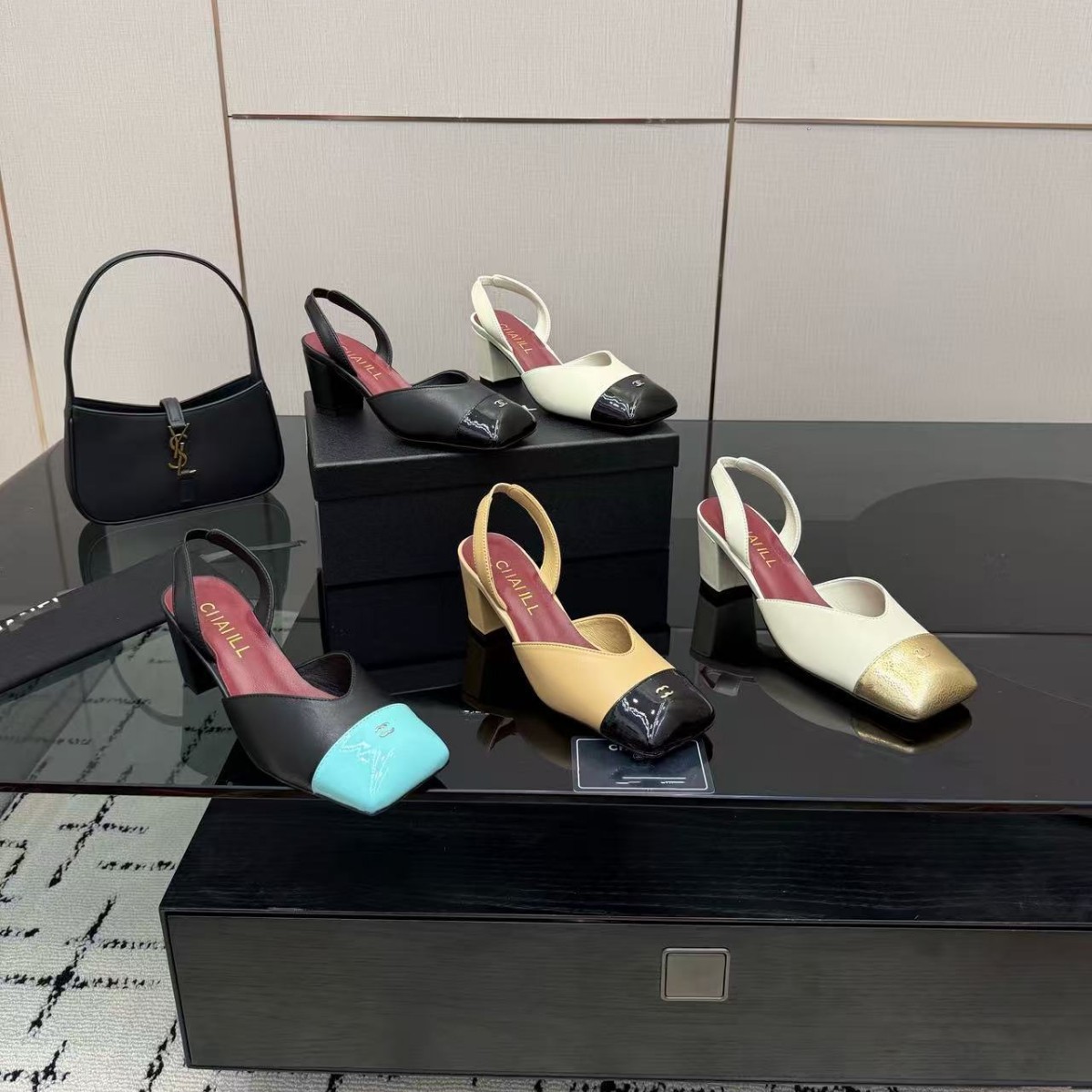 2026 New Style Square-Toe Color-Blocked Back-Strap Hollow Chunky Heel Sandals for Women, Versatile Shallow Backless Sandals for Women