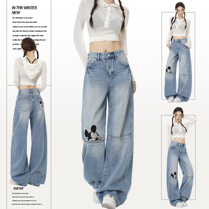 2026 Summer New Korean Style Loose Versatile High-Waisted Embroidered Mickey Straight Wide-Leg Washed Jeans 2026 Summer New Korean Style Loose Versatile High-Waisted Embroidered Mickey Straight Wide-Leg Washed Jeans