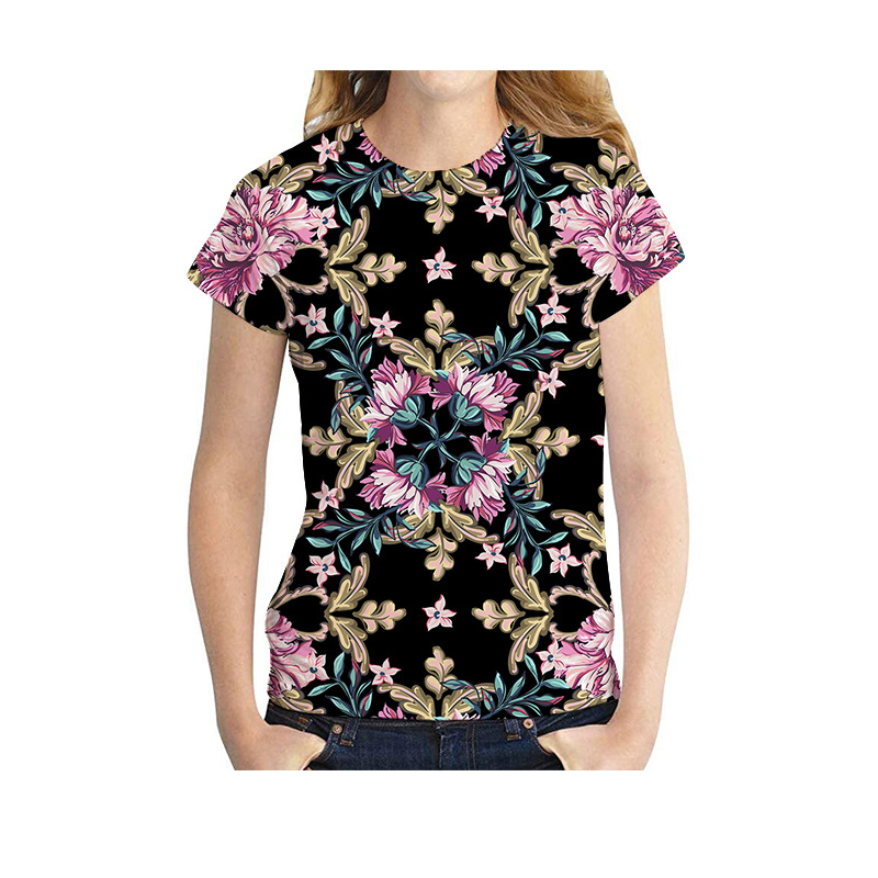 2022速卖通跨境外贸夏季新款女士T恤3D数码印花植物花卉元素设计
