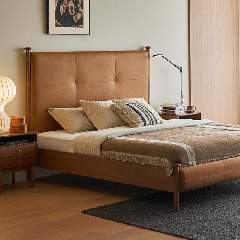 Italian Minimalist Sycamore Leather Bed French Retro Master Bedroom Top Layer Cowhide Solid Wood Light Luxury 1.8m Double Bed Bedroom
