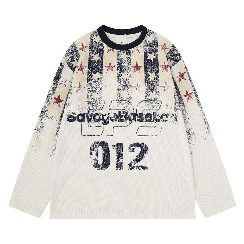 เสื้อยืดแขนยาว ลายตารางวาฟเฟิล พิมพ์ตัวเลขดาว สไตล์วินเทจแบบอเมริกัน ปี 2026 เสื้อคอกลมสีตัดกัน ผ้าซักแล้ว ทรงหลวม แบรนด์แฟชั่น
