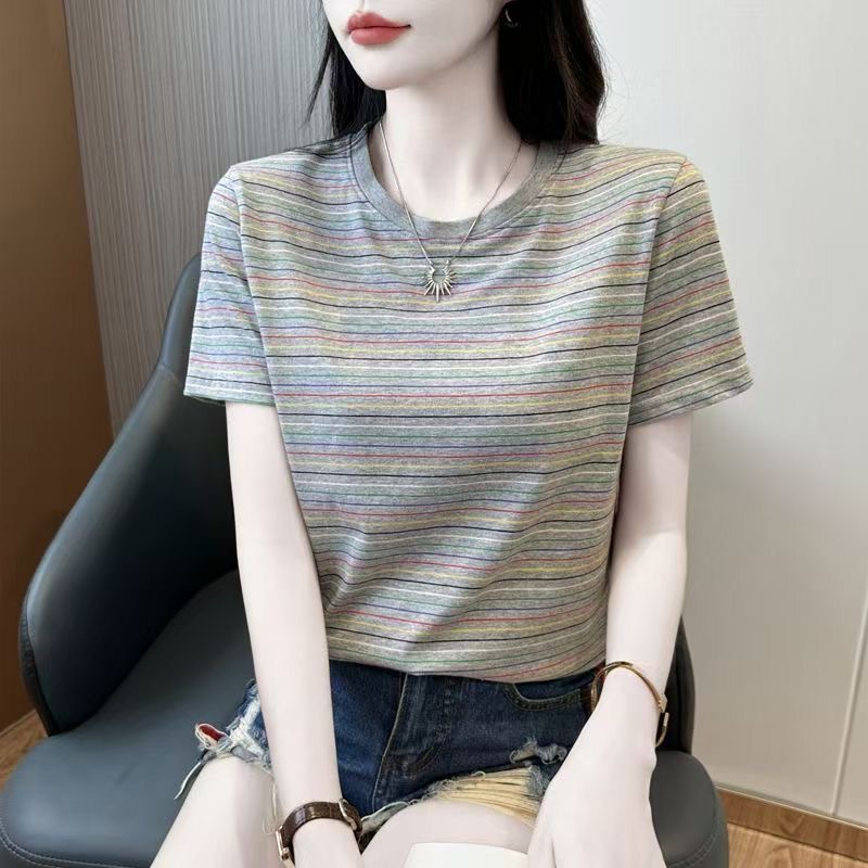 Striped T-shirt Large Size Women's Clothing New Summer Clothing Foreign Style Shirt Age-reducing Casual Loose T-shirt Short-sleeved Top_ecoleips.com