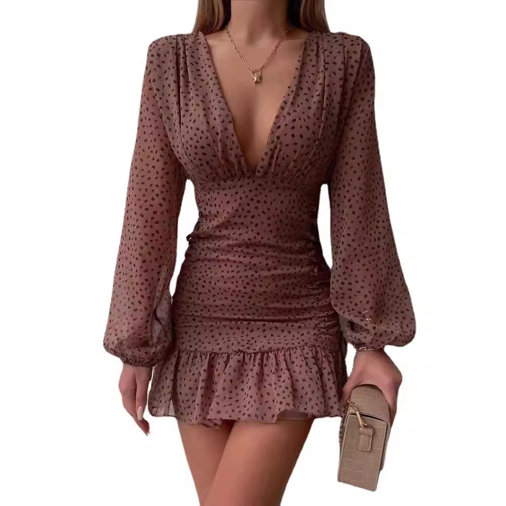 Vestido midi de chifón sexy con cuello en V, elegante y con estampado en la cintura, estilo nuevo transfronterizo europeo y americano 2026