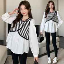 孕妇上衣秋季新款韩版百搭减龄感宽松大码拼接假两件孕妇衬衫