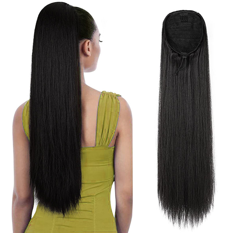 Amazon Wig Women's Hair Extensions Drawstring Long Straight Ponytail High-Temperature Fiber Xuchang Manufacturer 24 Inch Celebrity Style