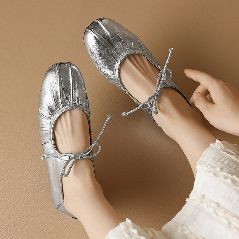 Giày ballet nữ da cừu mềm mũi tròn đế bệt xếp ly nơ buộc dây — Màu súng