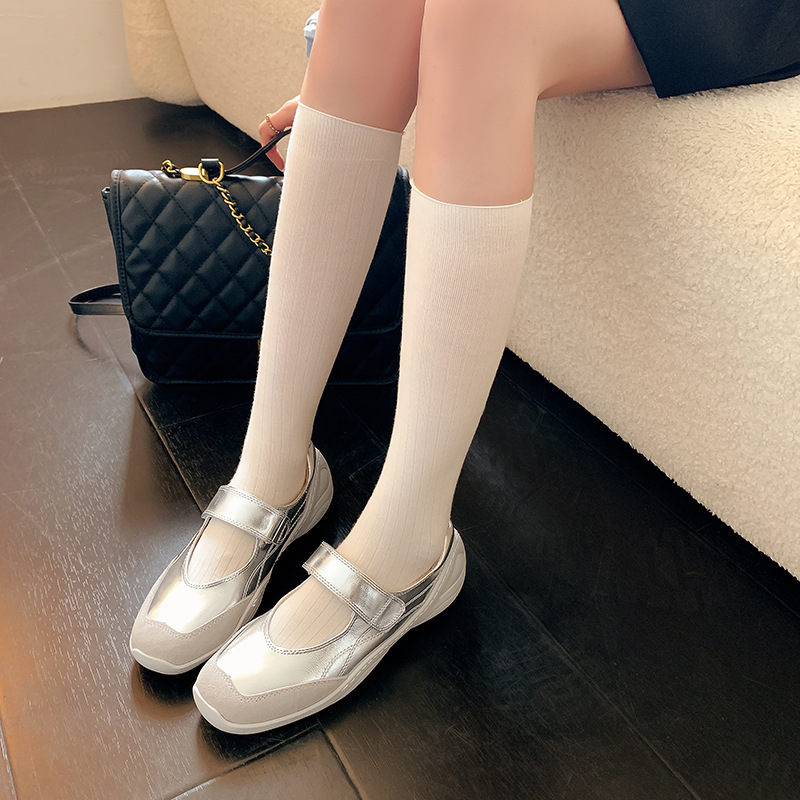 Cowhide Edition ~ Thick-soled Mary Jane Shoes Women's Fashion Sports Casual Shoes Inner Height Soft Leather Shallow Mouth Ballet Shoes Ins