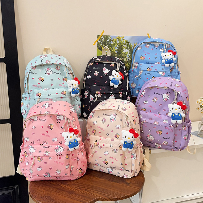 New Style Junior High School Girls' School Backpack, Large Capacity School Bag for the Start of School Season, Cute Cartoon Kt Cat Lightweight Backpack, Trendy