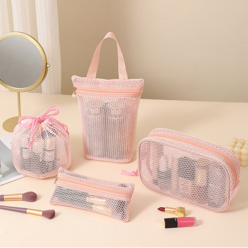 Səyahət üçün mesh kosmetik çanta, böyük tutumlu, bağcıqlı