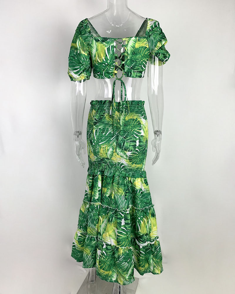 2026 New Spring Women's Clothing, Cross-Border European And American Fashion Outfit, INS Style Printed Slit Skirt Set_ecoleips.com