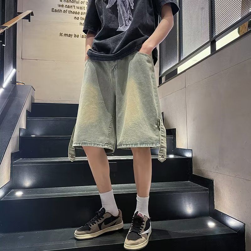 Pantalones cortos de mezclilla teñidos de barro amarillo retro americano para hombres pantalones de herramientas de moda de estilo fino de verano