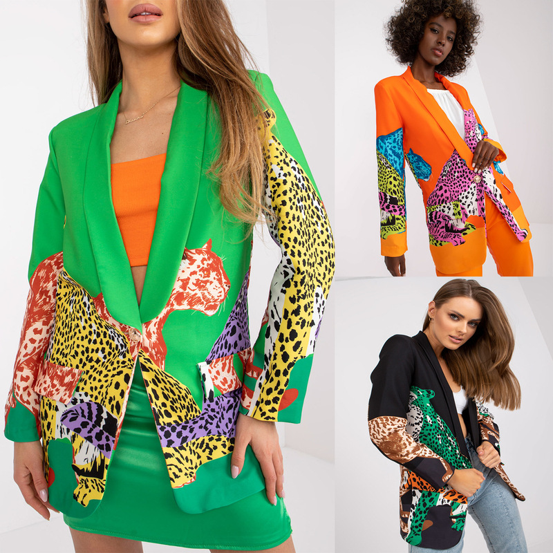 Cross-Border European and American Casual Jacket Ins2025 New Leopard Print Contrasting Color Slim Long Suit Top