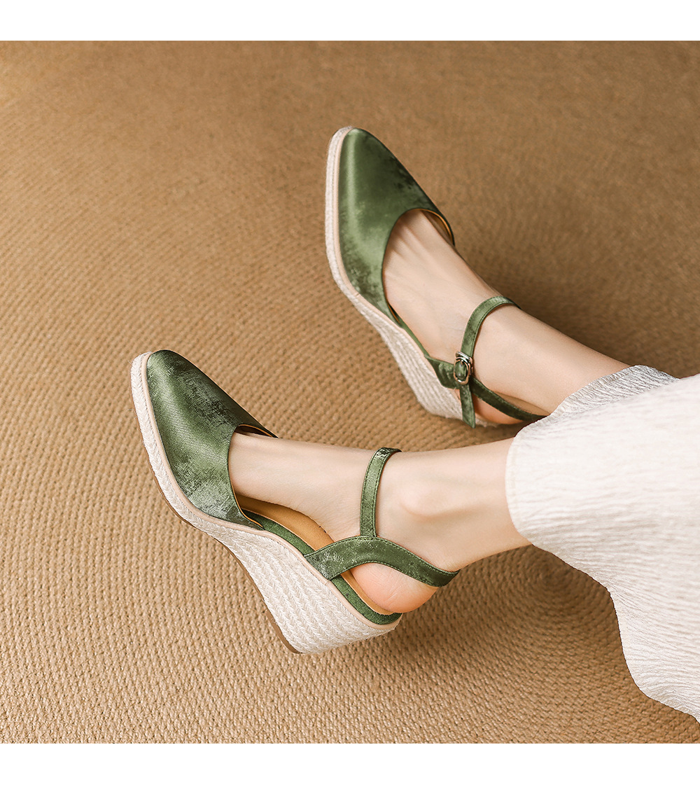 Sandal cao gót nữ phong cách Tân Trung Hoa, mũi kín quai ngang, đế xuồng bện rơm, gót 7 cm — xanh lá cây, màu mơ chi tiết 11