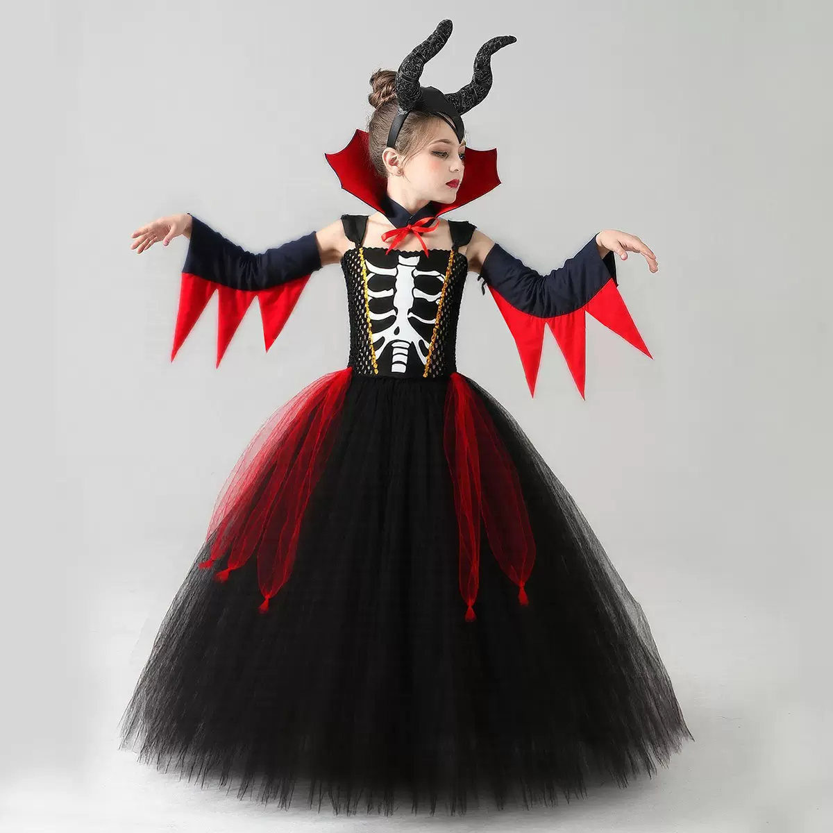 新款跨境万圣节服装舞会角色扮演黑白魔女堕落天使与恶魔女孩纱裙