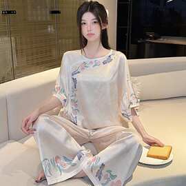 批发女士冰雪丝国风中袖九分裤圆领套头夏季新中式老钱风家居服女