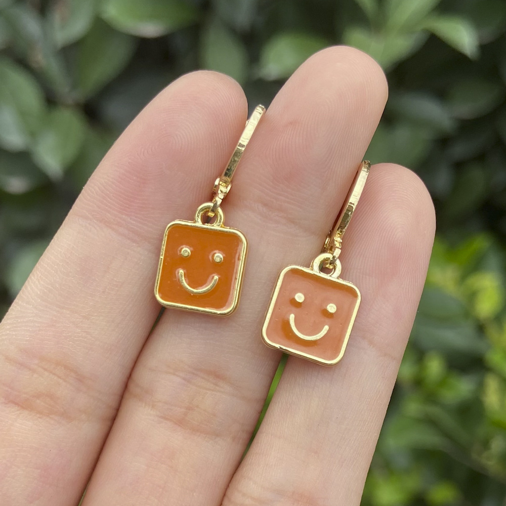 New Creative Drop Oil Square Earrings Personality Small Cartoon Square Smiley Face Earrings display picture 10