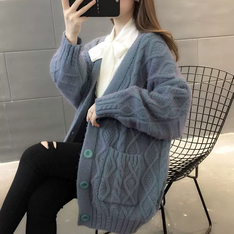 麻花纯色毛衣外套女慵懒风宽松针织开衫2024秋冬新款加厚大码上衣