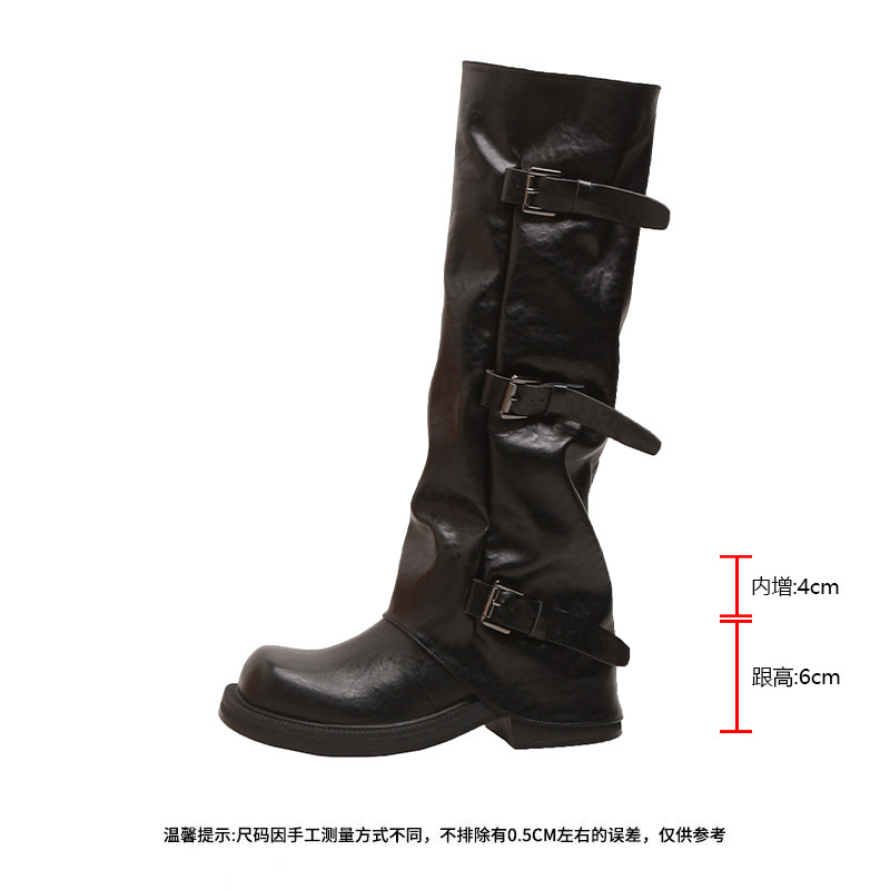 增高8cm~葡萄妈款皮带扣方圆头褶皱中筒骑士西部褶皱堆堆裤管女靴|undefined