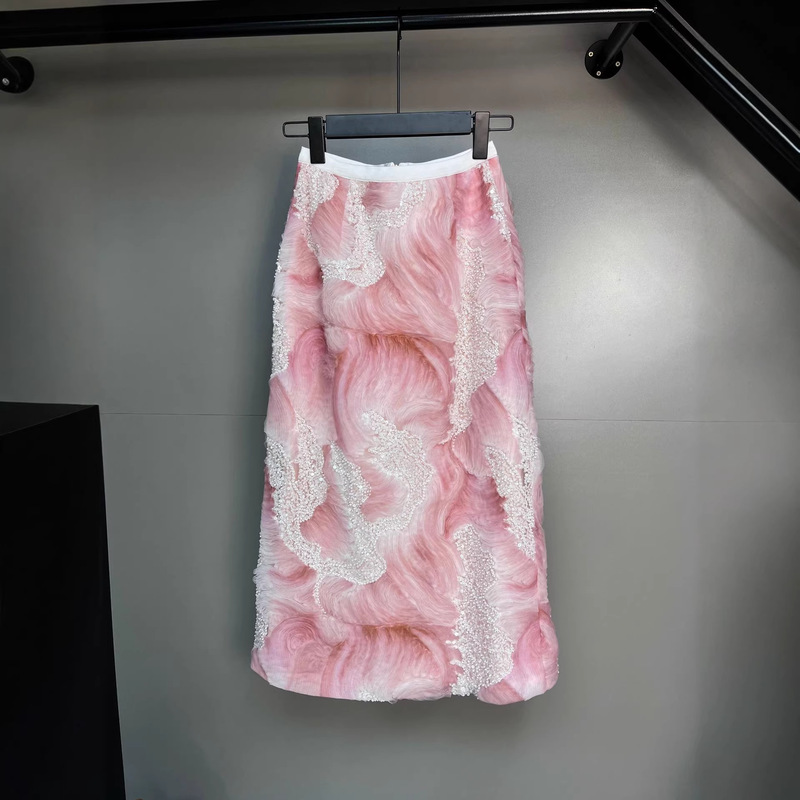 in stock Blue Powder Waves Niche Design Heavy Industry Dye Beaded Sequin Skirt Fashion Celebrity Midi A Skirt