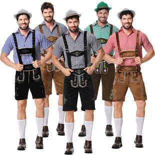 European and American New Men's German Oktoberfest Clothing Plaid Shirt Suspenders Denim Hat suit Men's Clothing