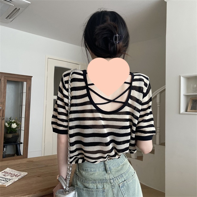 后背镂空设计感小众条纹正肩短袖恤设计感小众短款甜辣妹上衣女