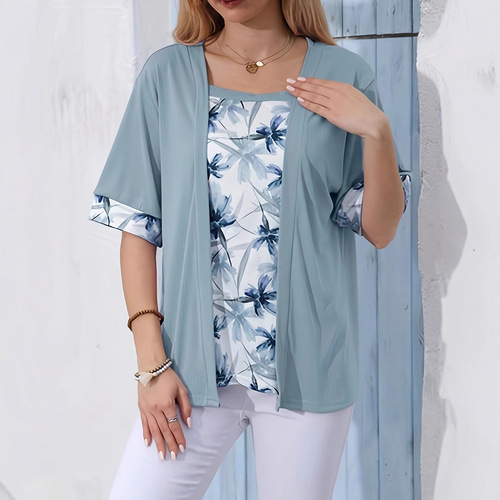 Large European and American TEMUwish women's clothing solid color print splicing two-piece short-sleeved T-shirt