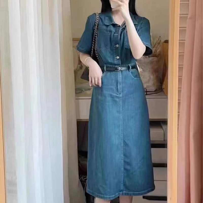 收腰显瘦长袖牛仔连衣裙女春秋2025新款韩系风复古气质中长款裙子|undefined