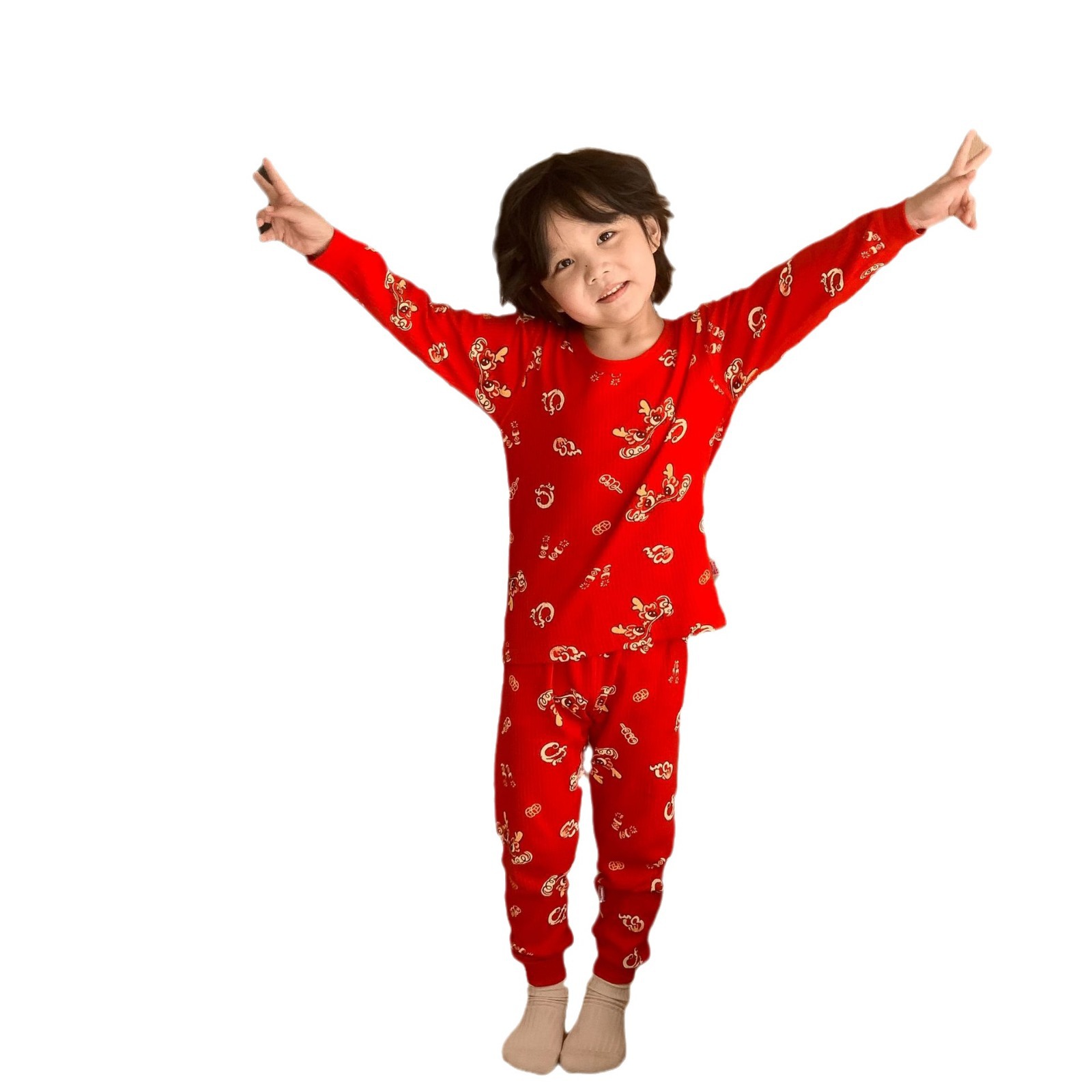 Conjunto de ropa interior de algodón para niños y niñas, ropa y pantalones rojos de otoño, versión engrosada para el año de nacimiento, pijamas y ropa de estar por casa.