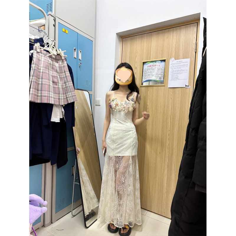 フレンチビーチリゾートスタイル立体フラワーサスペンダードレス夏の新しいウエスト痩身メッシュロングスカート女性用|undefined