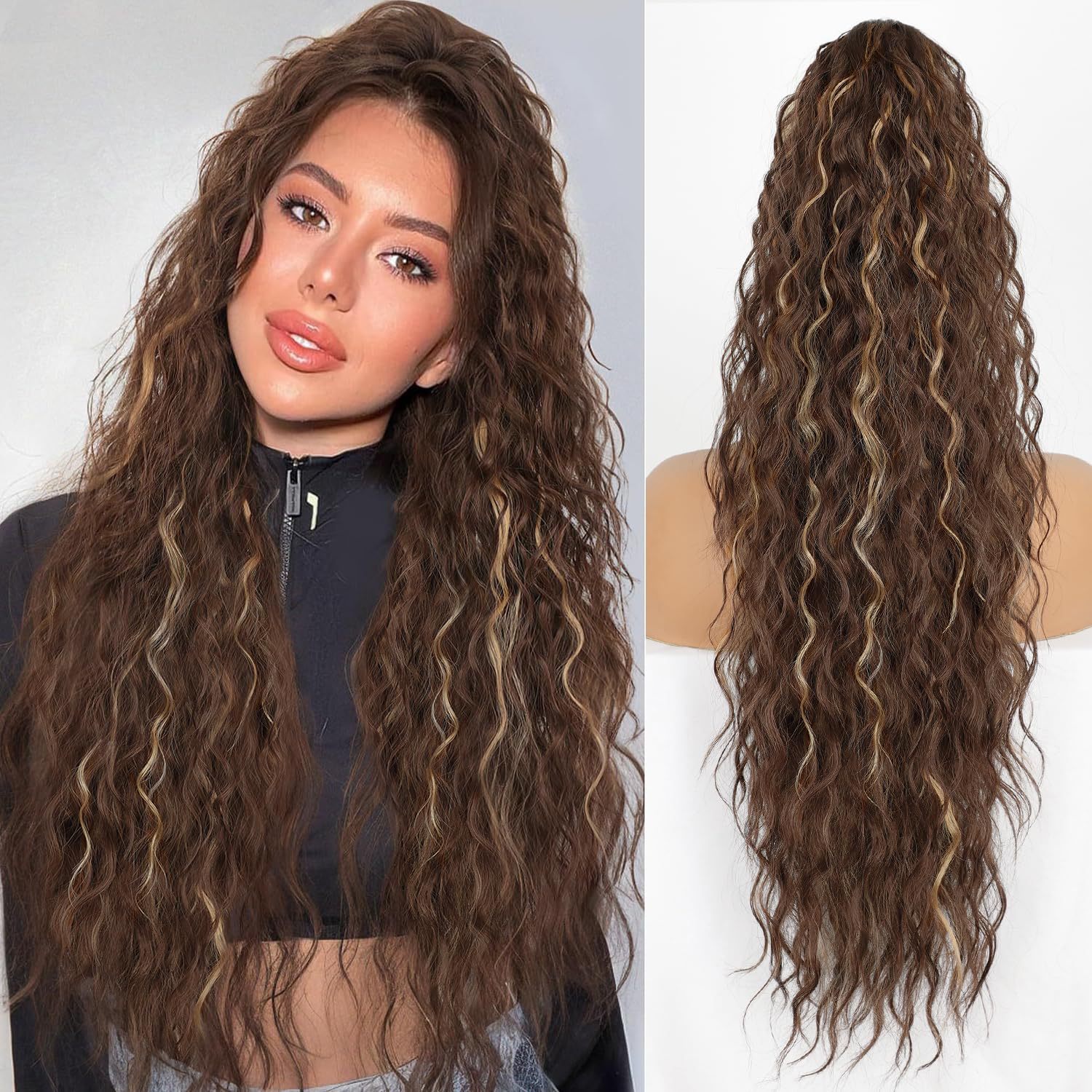 Xuchang peluca pinza cola de caballo ondulación de agua pelo largo y rizado cola de caballo natural esponjosa cola de caballo larga de Amazon 30 pulgadas