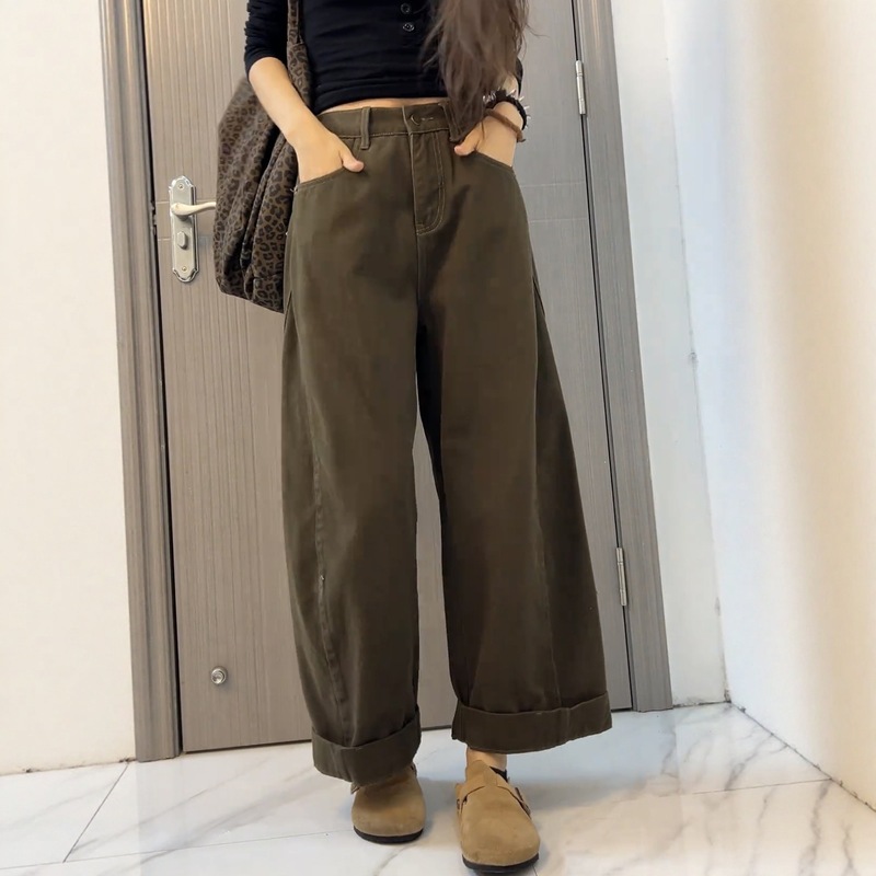 大码阔腿牛仔裤女秋冬2025新款高腰胖mm显瘦宽松卷边直筒老爹裤子|undefined