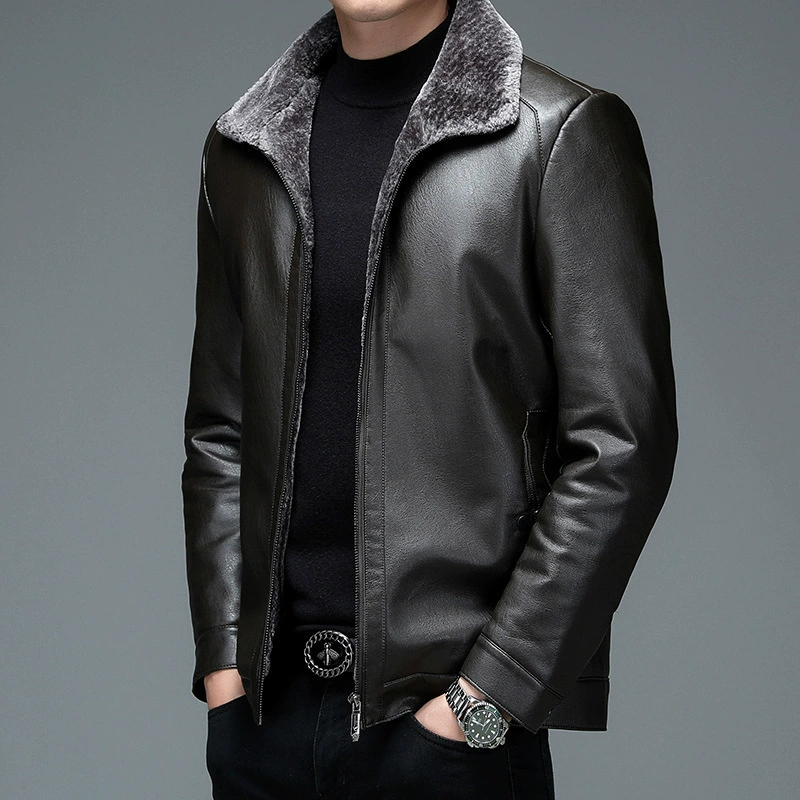 Men's warm down jacket, genuine leather, for middle age
