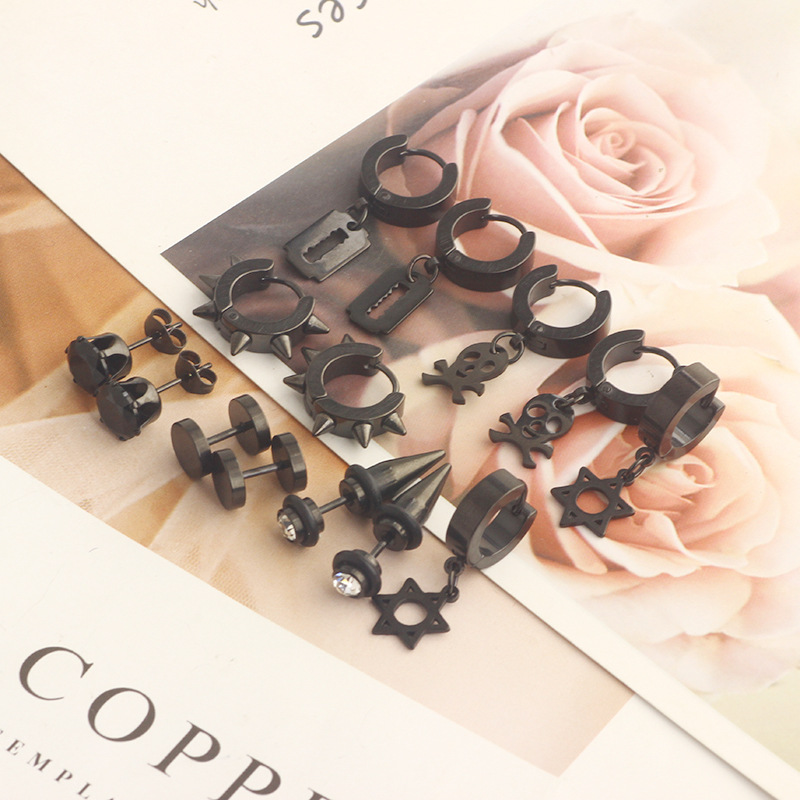 7 Pair Black Silver Zircon Earrings Round Barbell Earrings Men's Personality Cross-border Amazon Set detail image 10