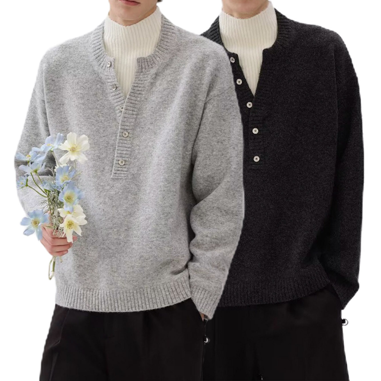 Explosiones transfronterizas de tamaño grande falso de tamaño europeo dos piezas de camisetas de punto de cuello medio alto suéter hombre viejo dinero de la fábrica de botón de moda al por mayor