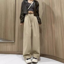 卡其色牛仔裤女2024早秋新款港风梨形身材高腰显瘦哈伦直筒阔腿裤