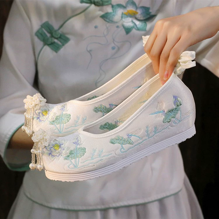 Цинхе 4-сантиметровые туфли династии Хань с внутренним увеличением, туфли с открытым носком древнего костюма, туфли с вышивкой в этническом стиле, студенческие танцевальные туфли, женские туфли с бантом