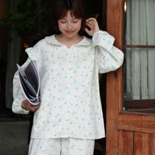 韩版碎花纯棉睡衣女春秋款长袖空气棉夹层加厚甜美可爱冬季家居服