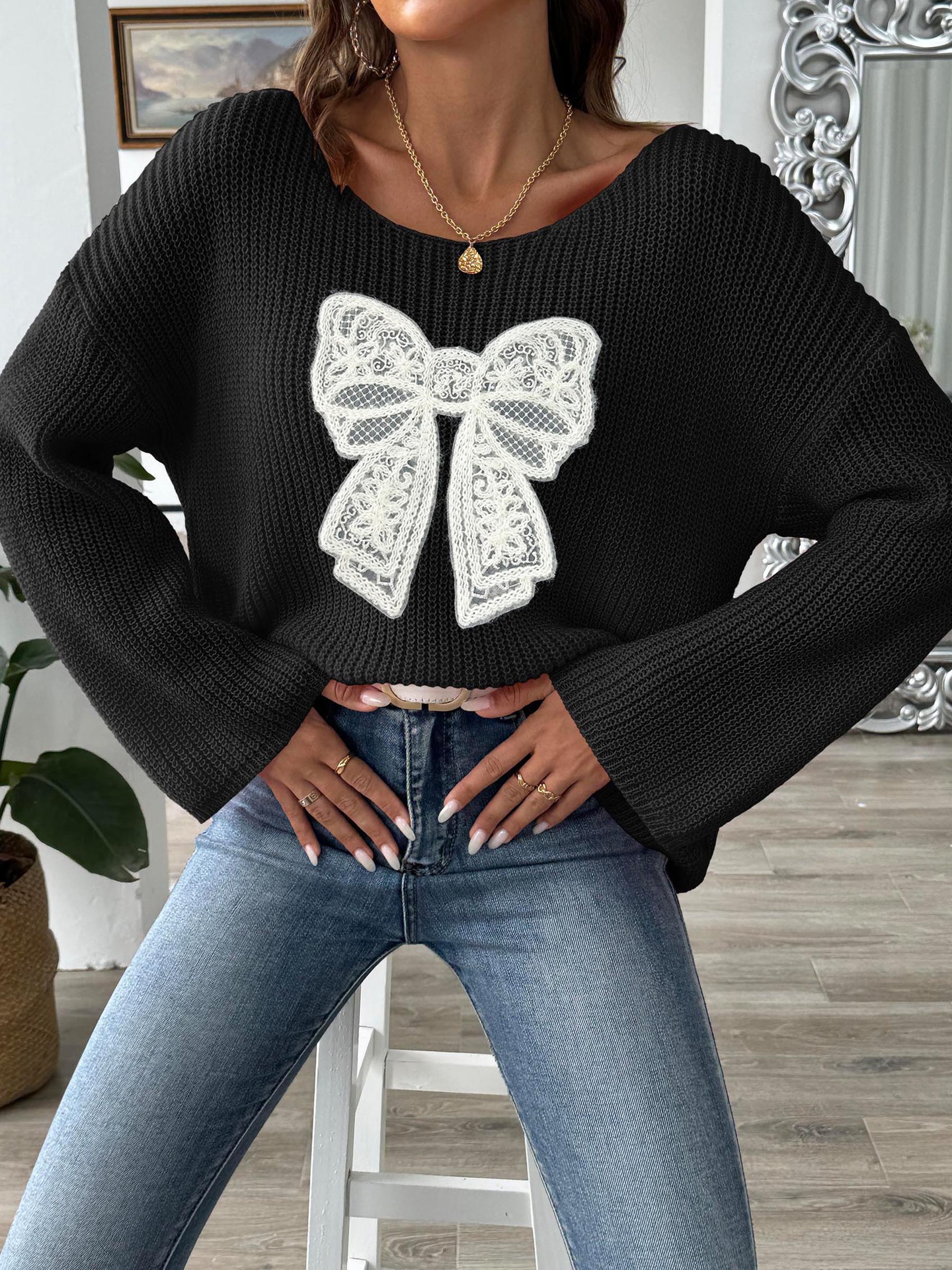 Damenbekleidung Damen Pullover Pullover eine Schulter schulterfrei Trompetenärmel Pullover_voghion.com