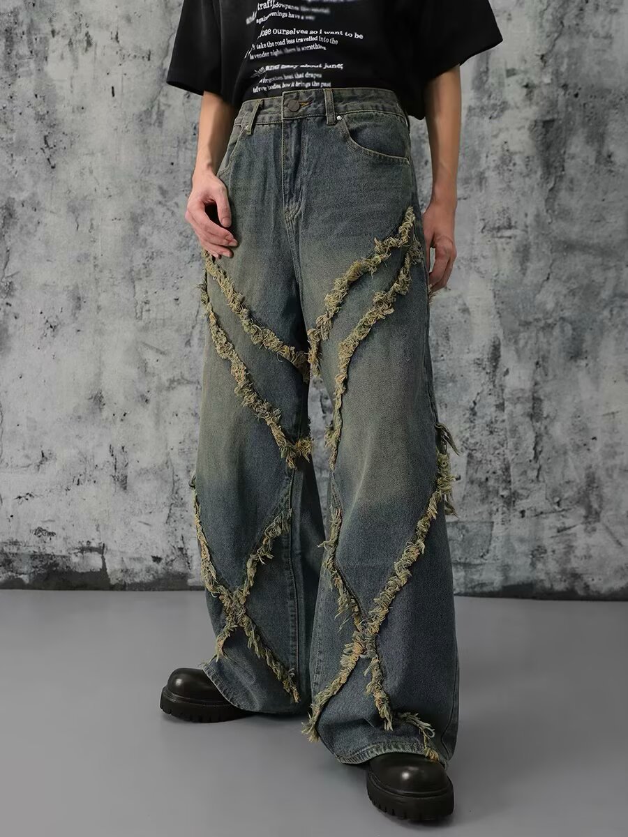 Unisex High Street Vintage Washed Distressed Patchwork Jeans Relaxed Wide Leg Straight Denim Pants for Men And Women_mkmklike.com